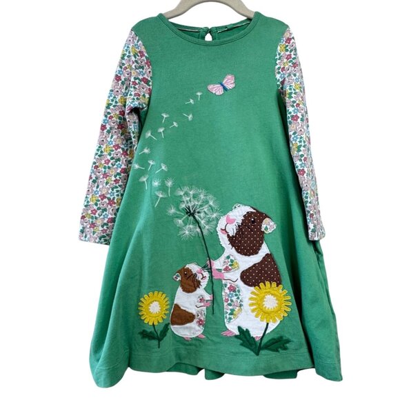 Mini Boden Other - MINI BODEN Guinea Pig Applique Dress Girls 5-6 Green Tunic Floral Sleeves